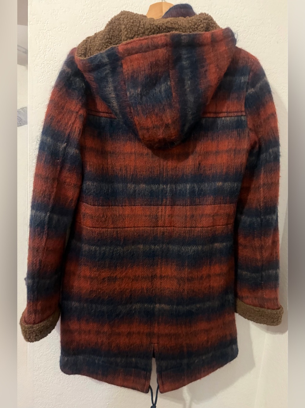 Staring at Stars Plaid Hooded Wool-Blend Coat in Rust Red & Navy - Small - Picture 2 of 11
